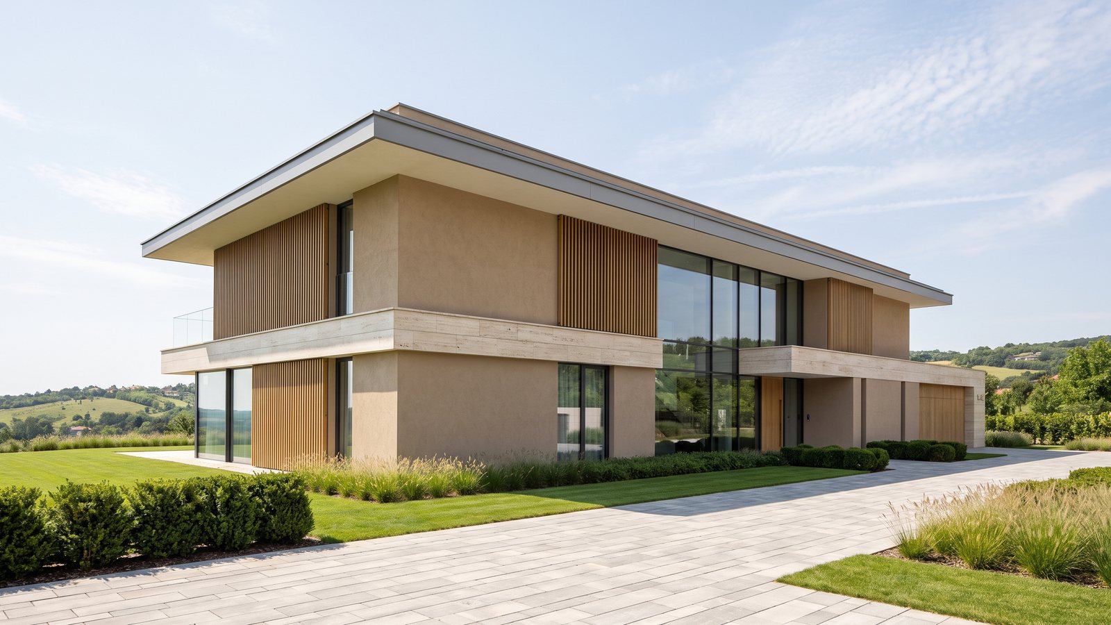 Precízen kivitelezett kortárs prémium villa a budai agglomerációban, nappali fényben