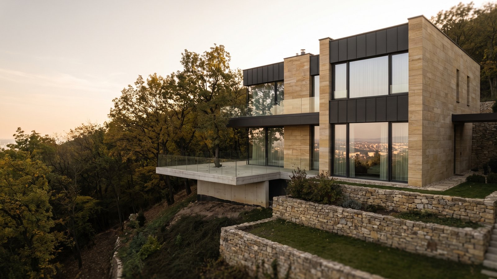 Kortárs prémium villa meredek budai domboldalon, teraszos kerttel és panorámaüvegezéssel, alkonyi fényben