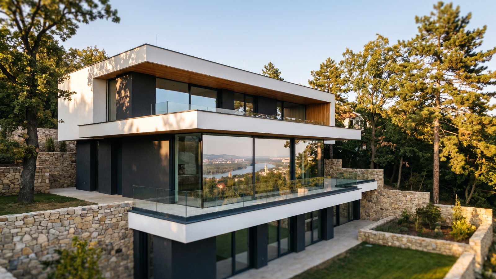 Kortárs prémium villa óbudai domboldalon, terméskő támfalakkal és panorámaüvegezéssel, alkonyi fényben