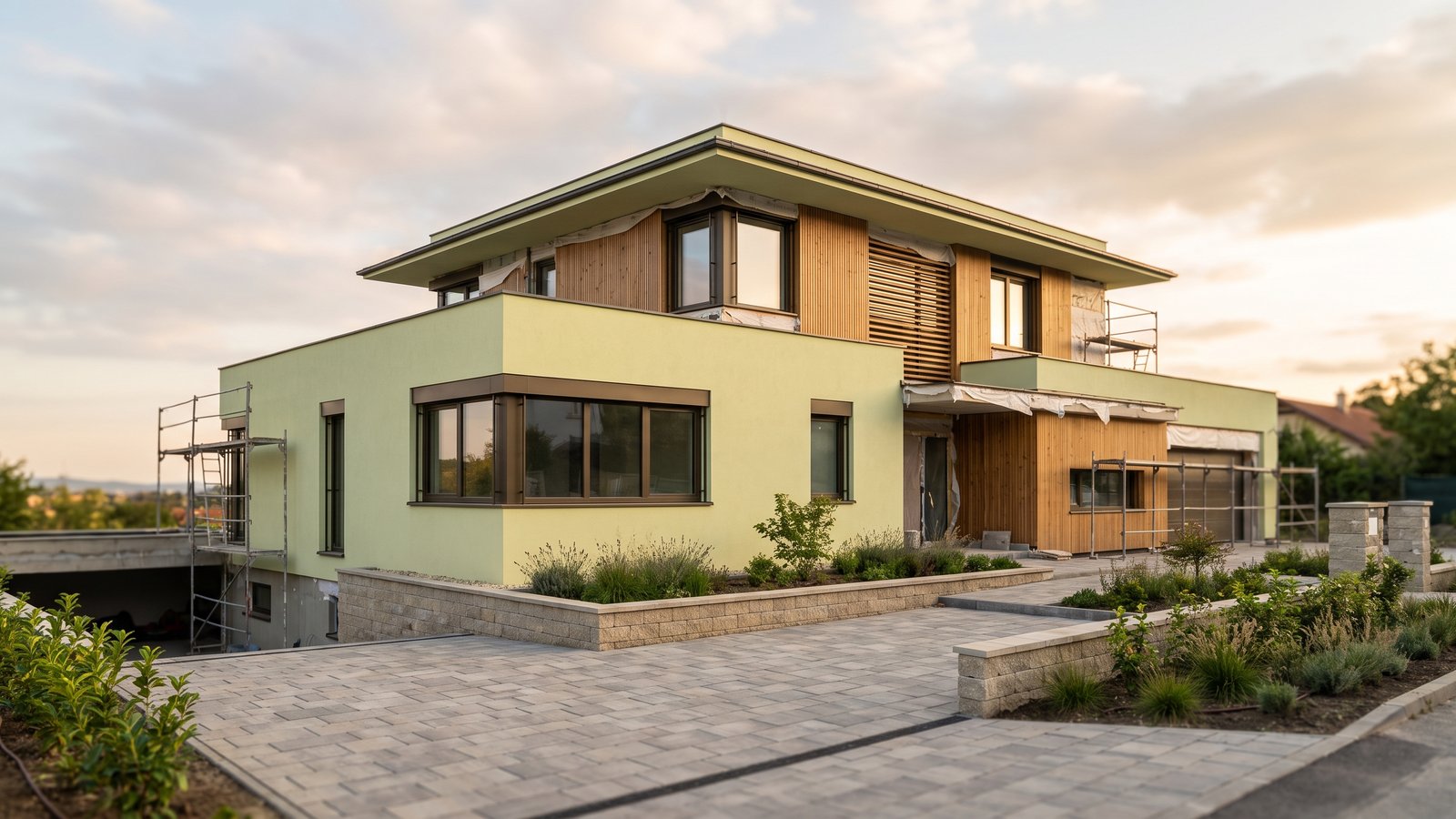 Elkészült kortárs prémium villa a budai agglomerációban, rendezett térburkolattal és támfallal — átadás előtti állapot