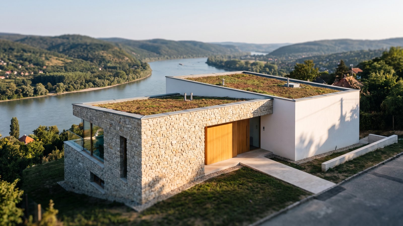 Prémium kortárs villa lejtős szentendrei telken, a Dunakanyarra néző panorámával, alkonyi fényben