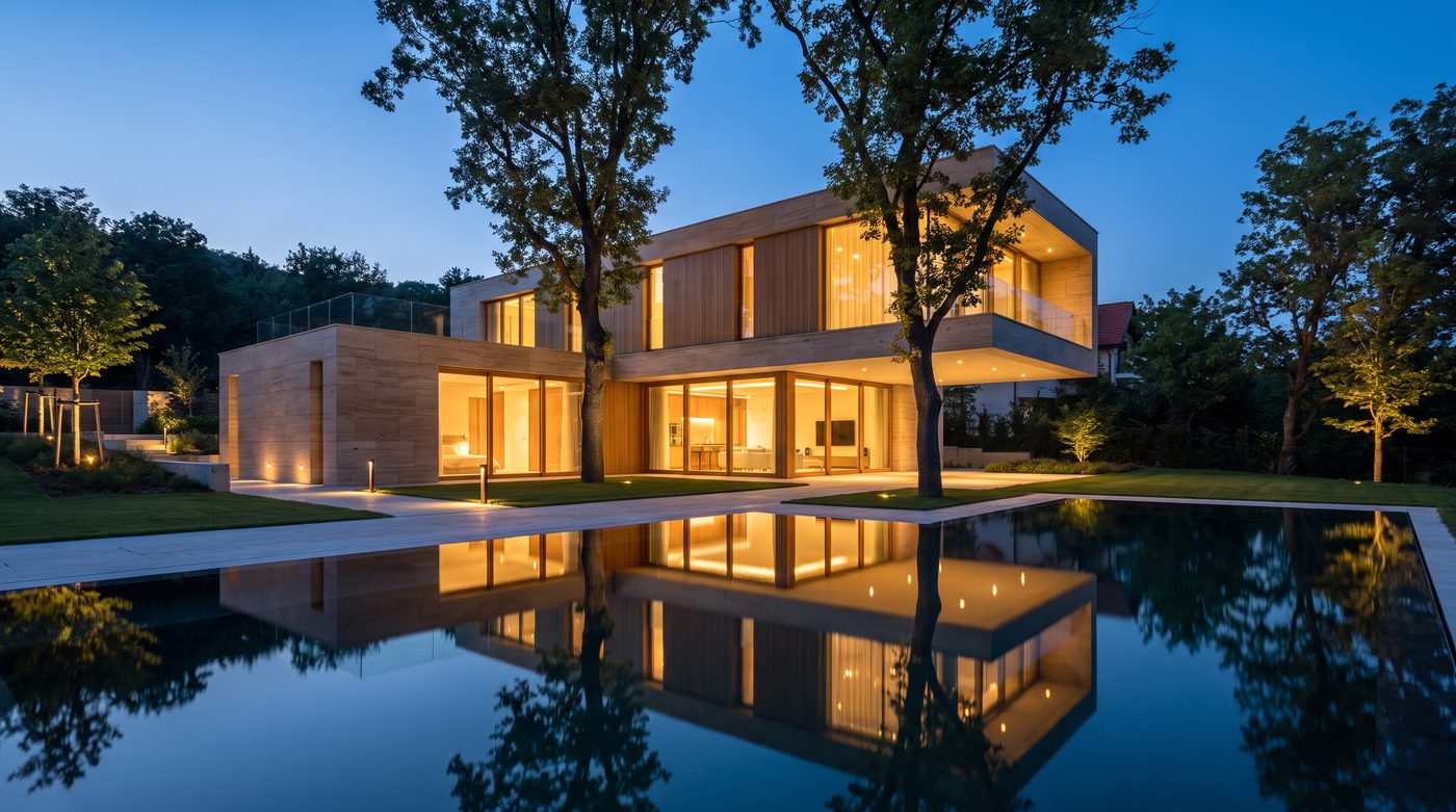 Prémium hillside villa a budai oldalon, alkonyi fényben, tükröződő medencével