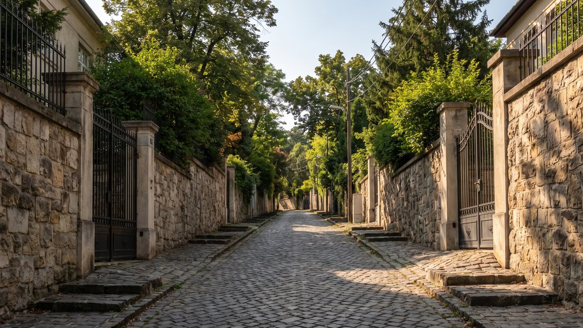 Szűk, fákkal szegélyezett budai villautca kőtámfalakkal és villakapukkal, felvonulási hely nélkül