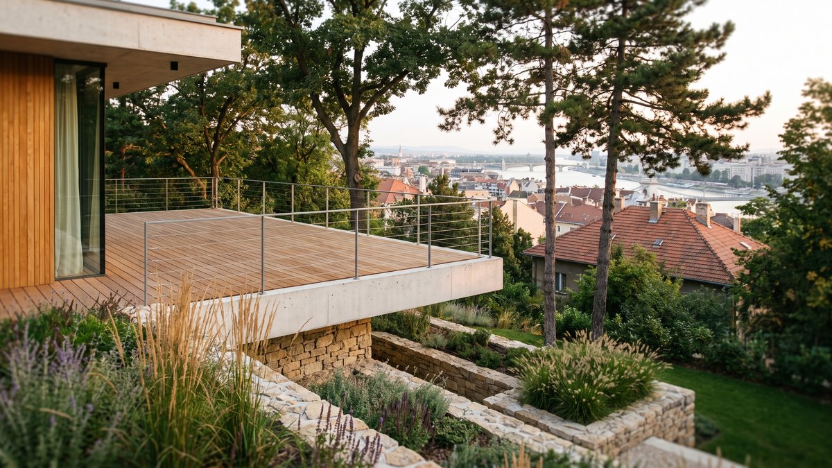 Kortárs villa konzolos terasza óbudai domboldalon, teraszos kerttel, terméskő támfalakkal és panorámával a Duna felé