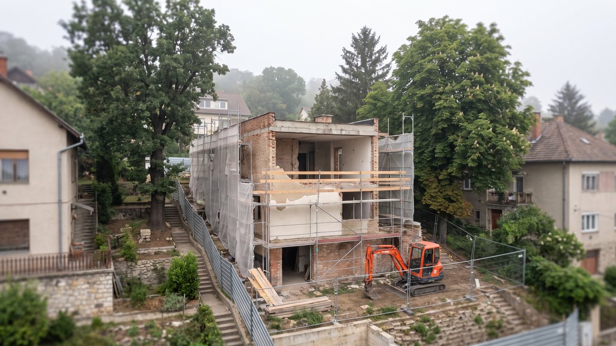 Bontás alatt álló régi budapesti villa hegyvidéki telken, idős fákkal körülvéve, védőállvánnyal és munkaterület-határolással