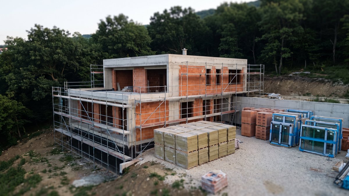 Épülő prémium villa szerkezetkész állapotban, állvánnyal, raklapon tárolt hőszigeteléssel és fóliázott nyílászárókkal egy budai hegyoldali telken