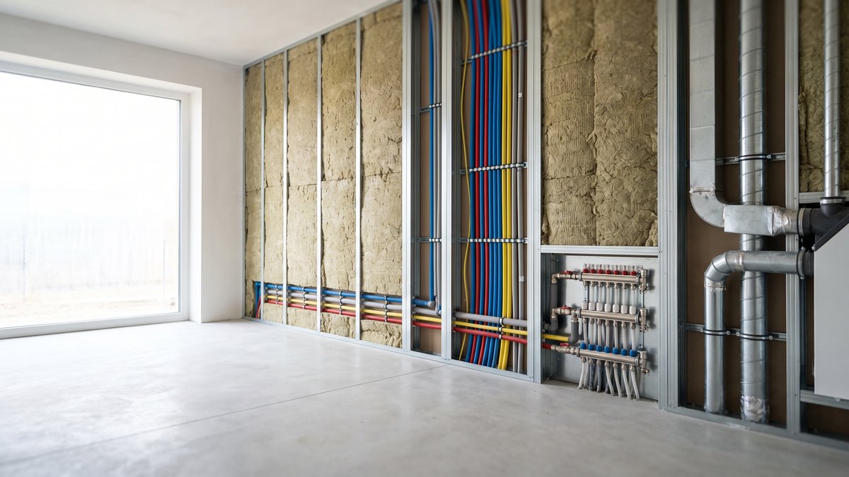 Prémium ház szerelési fázisban: rendezett elektromos és gépészeti nyomvonalak, fűtésosztó, szellőzőcsatorna, szigetelt válaszfalváz