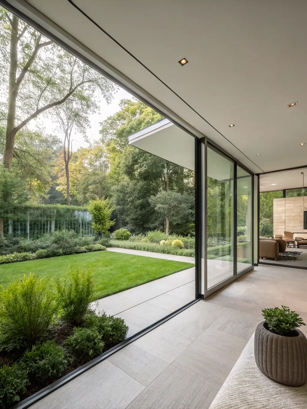 A photograph of a modern home exterior with clean lines, large windows, and a minimalist landscape design, showcasing Titán Házak's commitment to contemporary aesthetics.