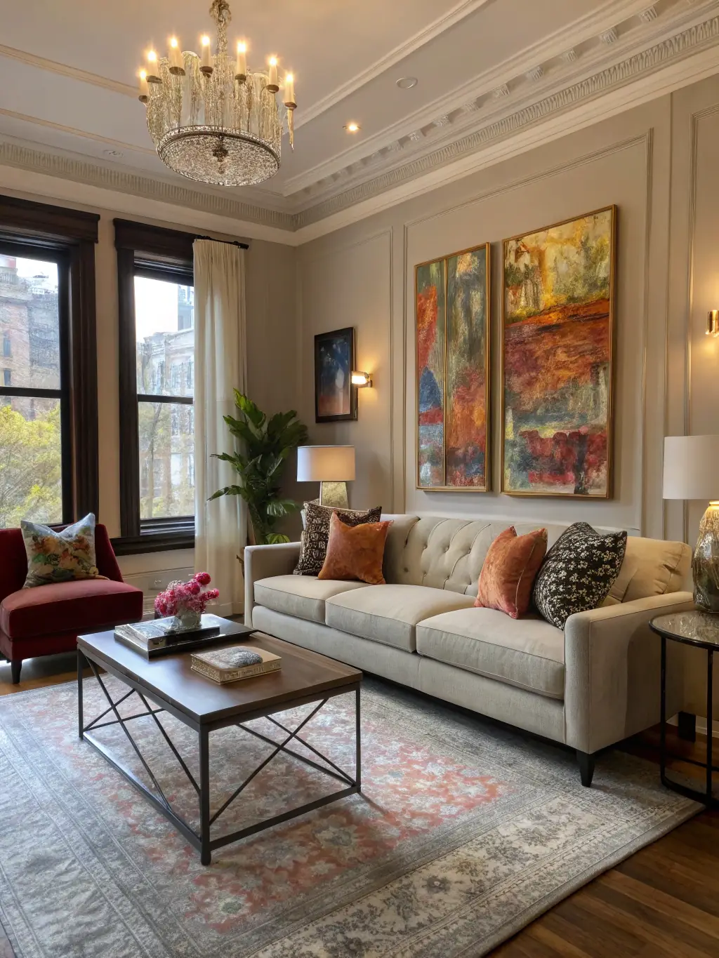 A modern living room with floor-to-ceiling windows, minimalist furniture, and a cozy fireplace, showcasing Titán Házak's ability to create comfortable and stylish living spaces.