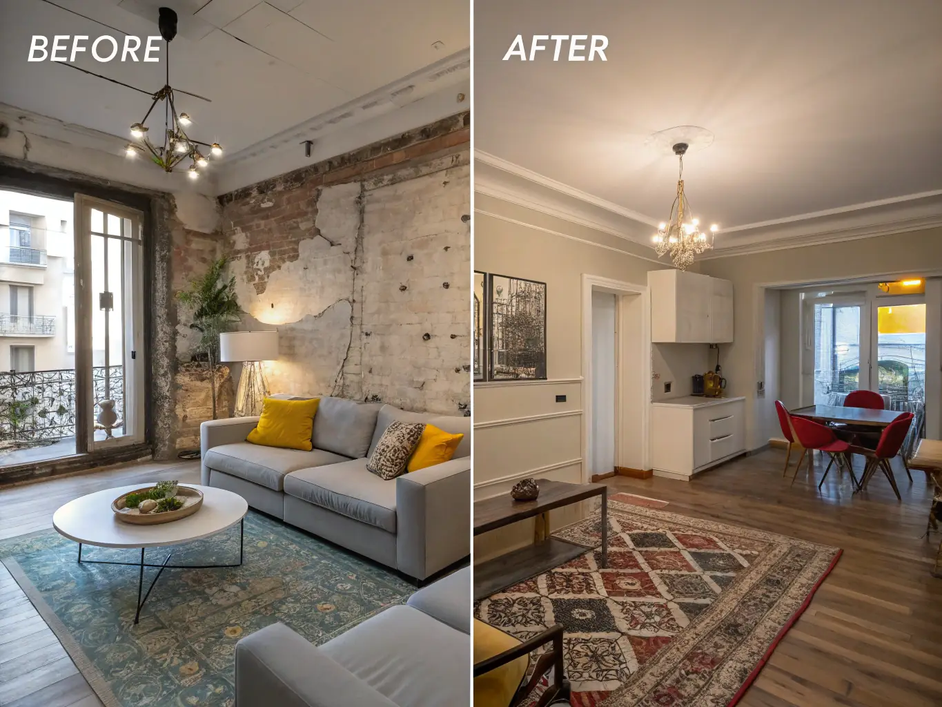 A stunning before-and-after image of a renovated living space, highlighting the transformative power of Titán Házak's renovation services.