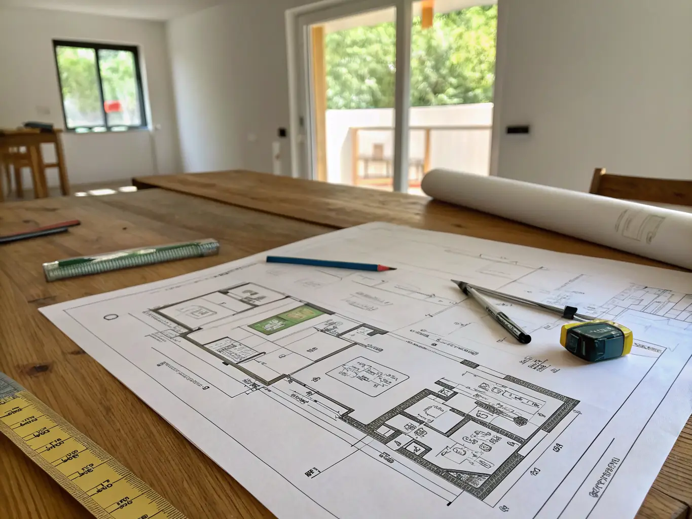 A modern home design blueprint being reviewed by an architect, showcasing the initial planning phase of a custom home construction project.